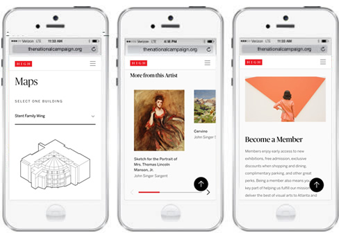 three screenshots of the High Museum's webiste on a mobile device.