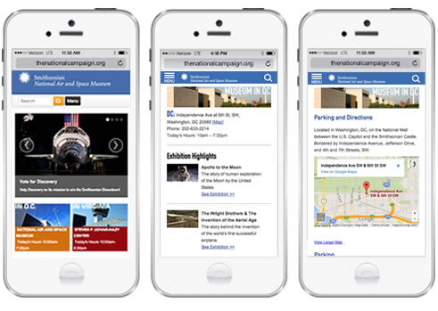 three screenshots of the National Air and Space Museum's website on a mobile device.