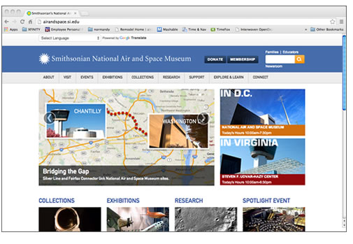 screenshot of the National Air and Space Museum's Home Page.