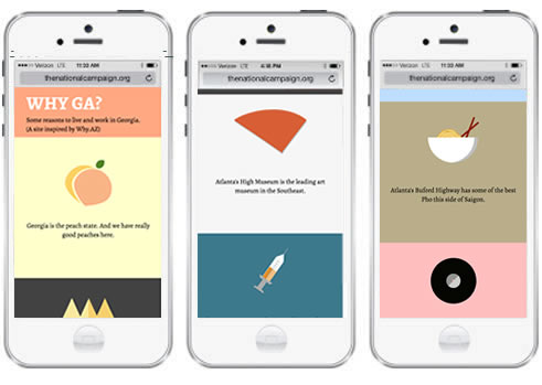 three screenshots of the Why.GA website on a mobile device.